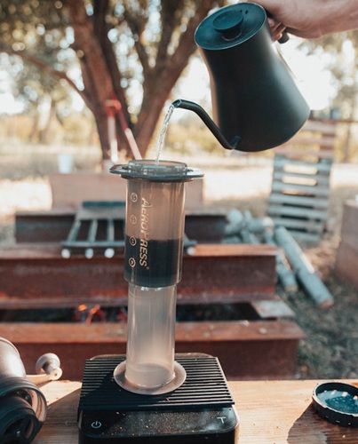 Aeropress coffee while camping
